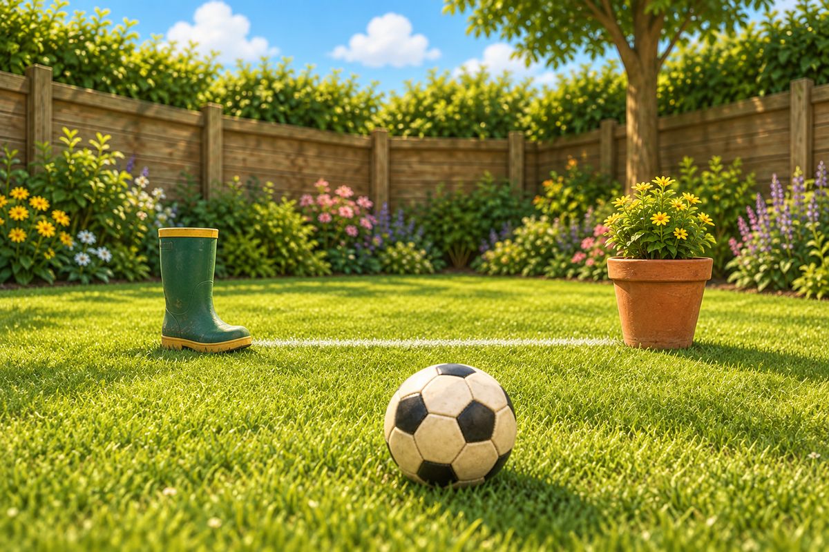 A close view of an improvised garden goal made from a welly boot and a plastic plant pot, with a length of string marking the goal line on the grass and a football sitting a short distance away.