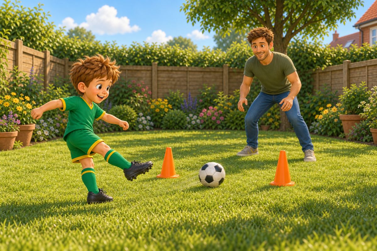 A dad and boy standing either side of two training cones set a short distance apart on a garden lawn, the boy mid-pass sending the football along the ground toward the gap between the cones