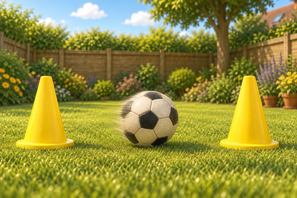 A close view of two training cones set a measured gap apart on a garden lawn with a football rolling cleanly along the ground between them, no people in frame