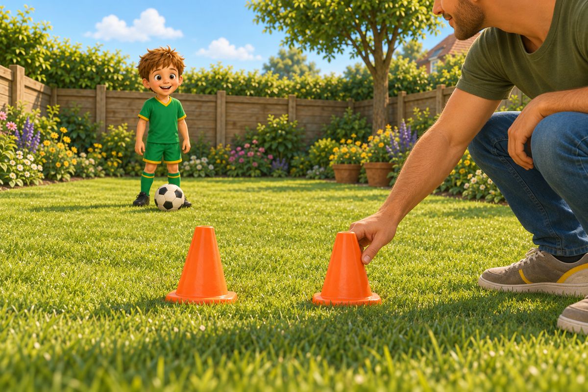 A boy standing further back from a slightly narrower cone gate than before, with a dad's foot visible planting the second cone a little closer to the first one, showing the gap being adjusted