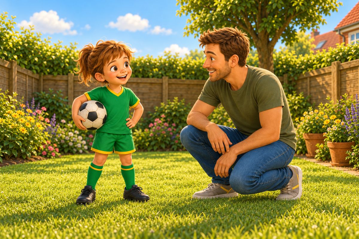 A girl in a green-and-yellow kit holds her own ball on a garden lawn while a dad kneels a few steps away, both smiling.