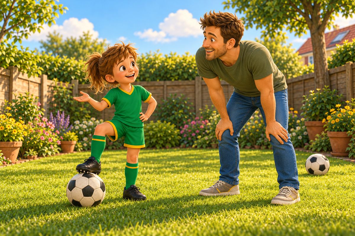 A girl shows a dad how to stop a rolling ball with the sole of her foot while he watches with a comic puzzled look.