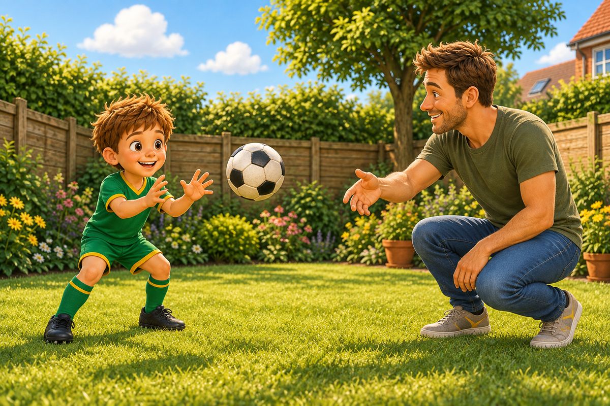 A boy in a goalkeeper-ready crouch catching a gently tossed football with both hands at chest height, a dad nearby having just sent it toward him.