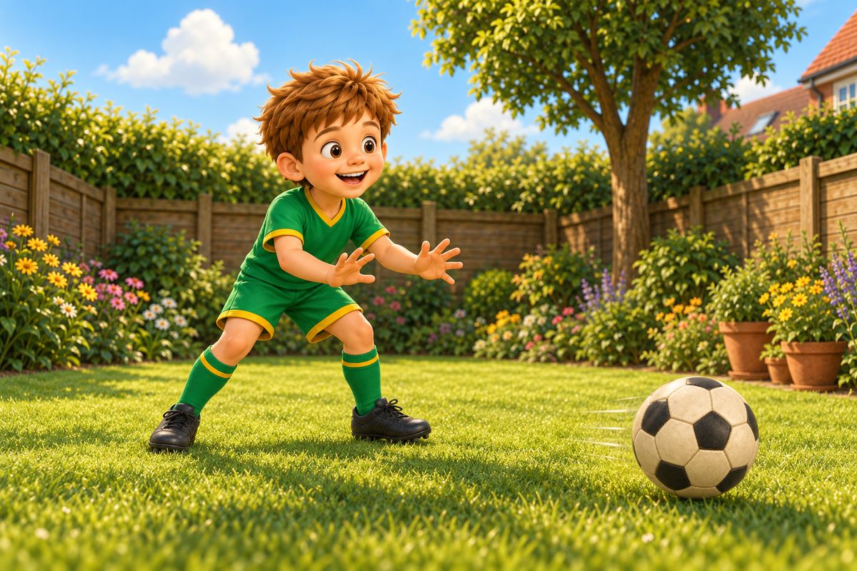 A boy laughing after a dropped catch, football rolling away on the grass beside him, no adult reaction of concern visible.