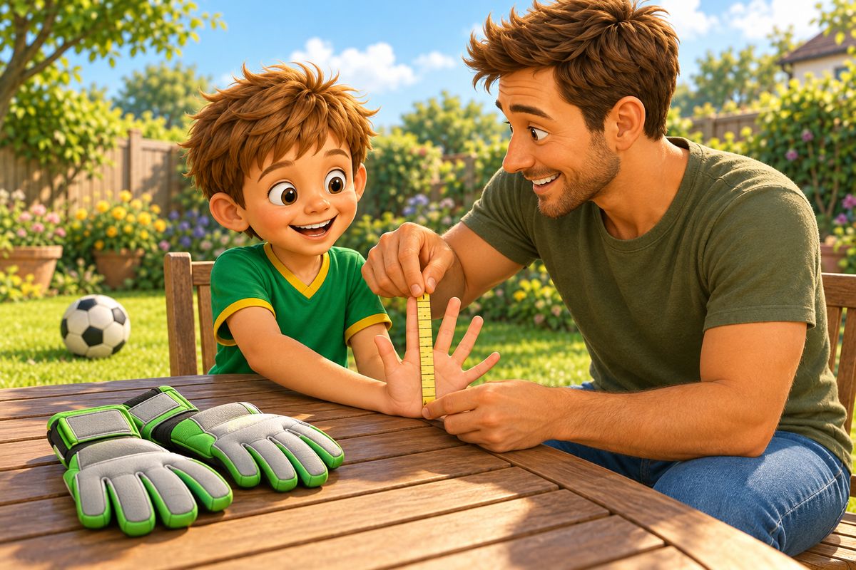 A dad measures his boy's open hand on a garden table with a soft tape, a plain pair of small gloves beside them.