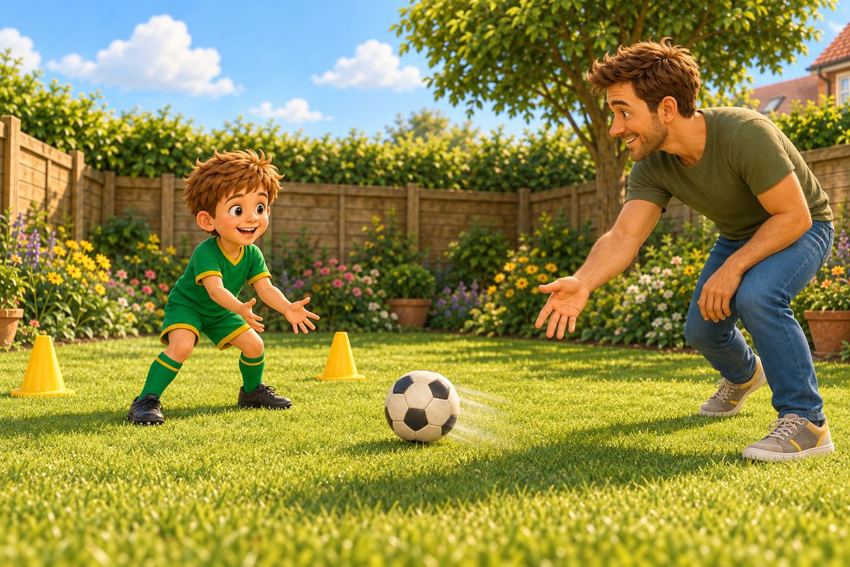 A boy catches a soft ball with bare hands on the lawn while his dad stands a few steps away.