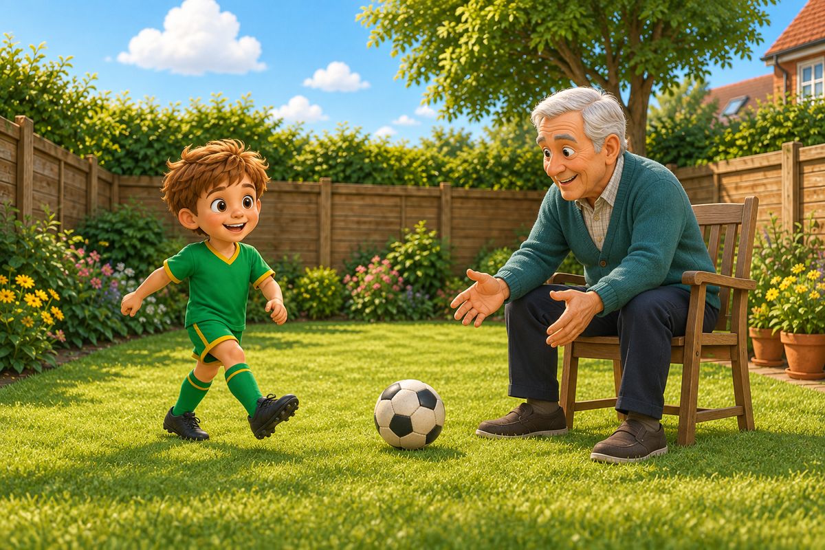 An older grandparent figure seated on a garden chair, gently receiving a rolled pass from a boy on the lawn, both smiling, in a small UK garden