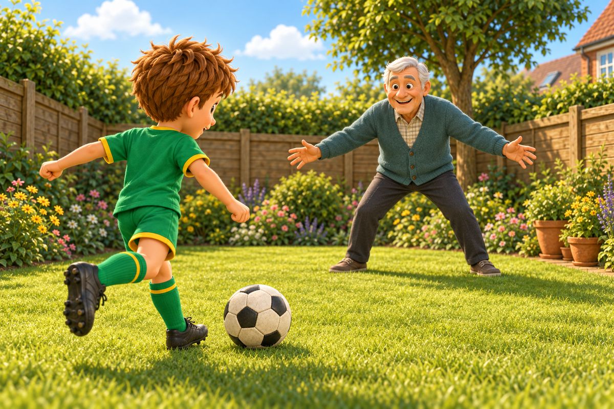 The grandparent standing planted in one spot with arms slightly spread marking a goal, the boy about to strike a gentle shot toward them