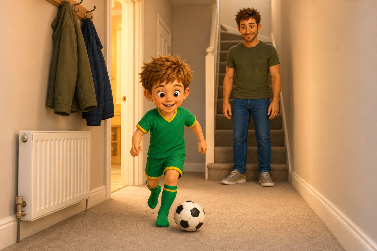 A boy dribbling a football along a narrow carpeted hallway with the ball on the floor beside his foot, a grown-up standing at the far end in front of the bottom of a staircase