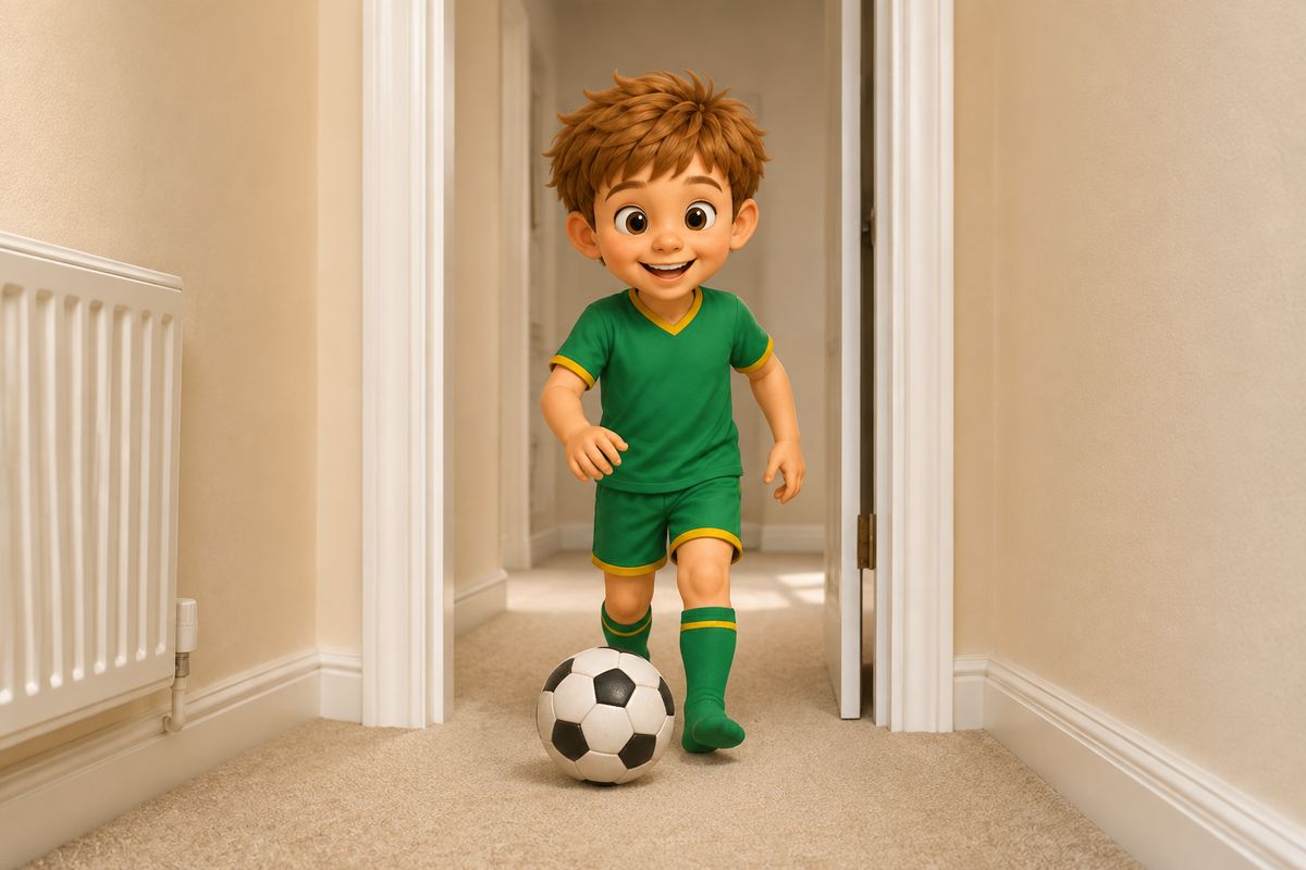 A boy dribbling a football along a hallway carpet and through an open interior door frame part way down the lane, with the ball on the floor and the completely empty carpet either side of it