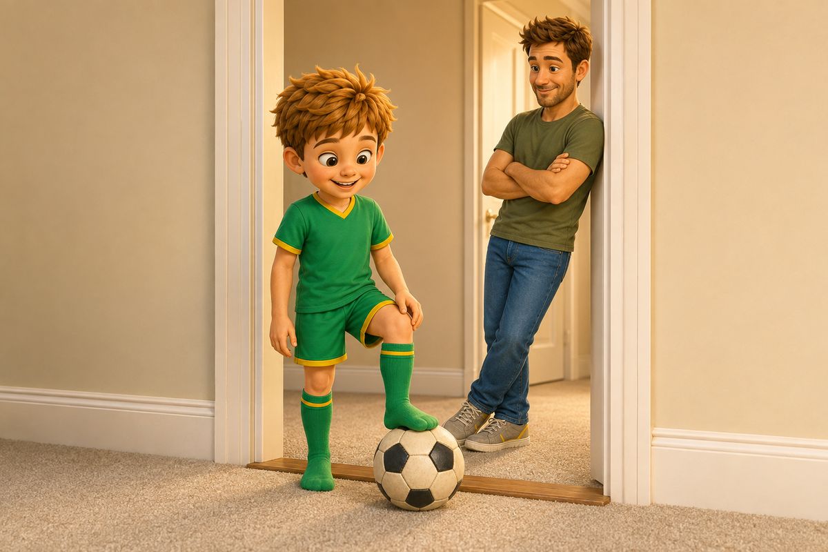 A football held still on the wooden threshold strip of a hallway doorway with a boy's sock foot resting lightly on top of it and a grown-up watching from the doorway