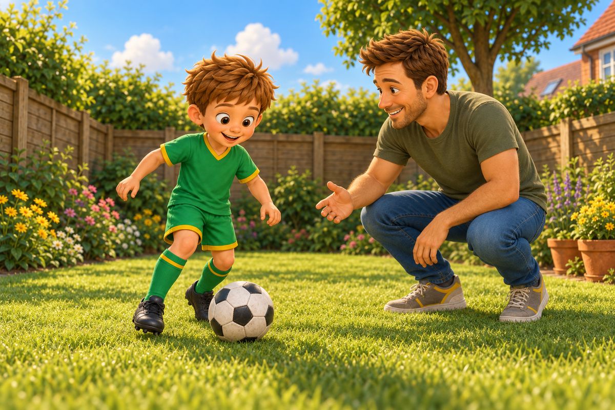 A boy dribbling a football at his feet on a small UK lawn, dad crouched nearby encouraging him