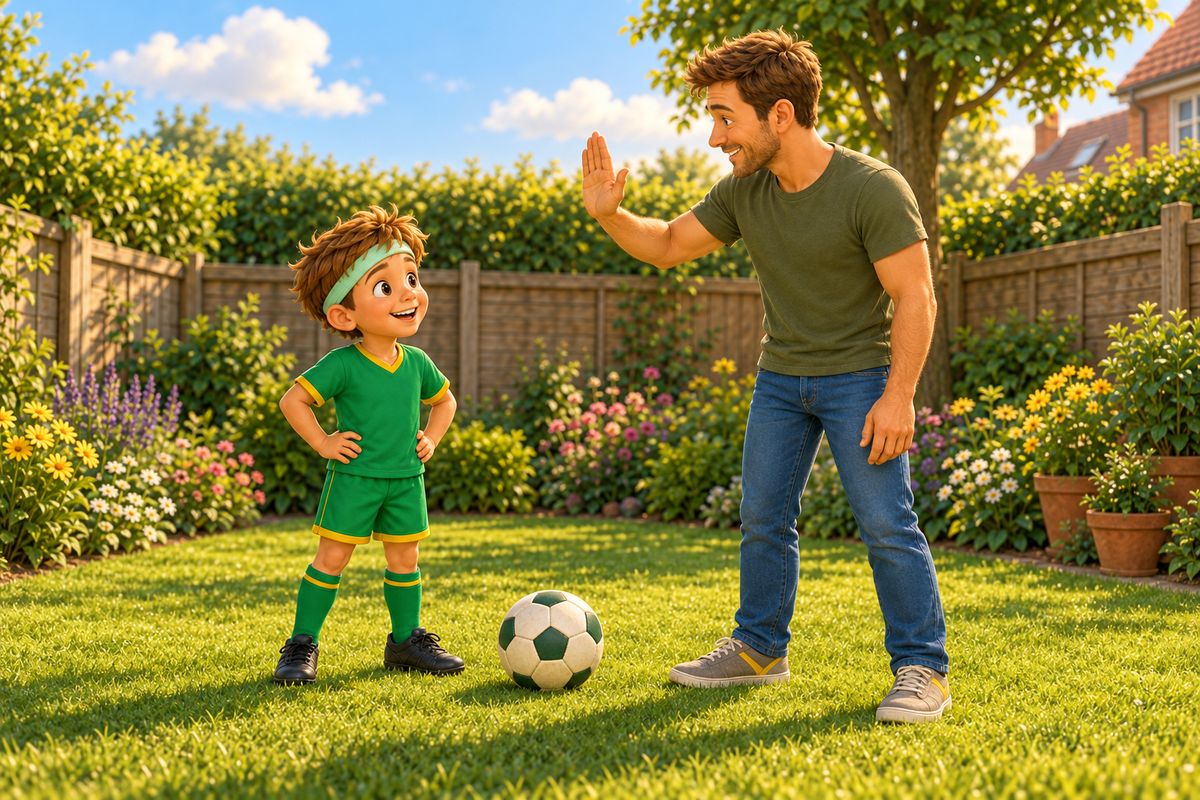 A dad holds up a flat hand as a stop signal on a garden lawn while a smiling boy in a soft headband stands ready beside a ball.