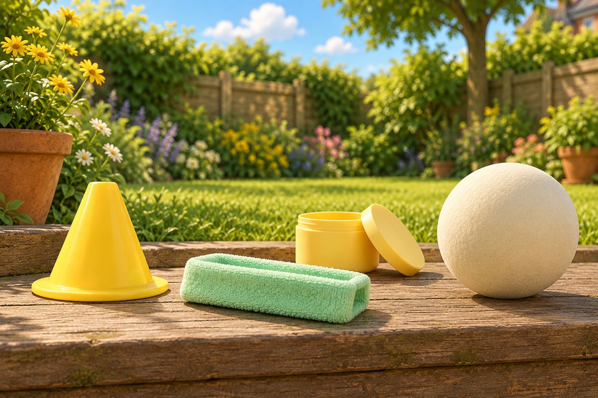 A folded headband, a small lidded pot, a yellow cone and a soft ball laid out on a wooden garden step.