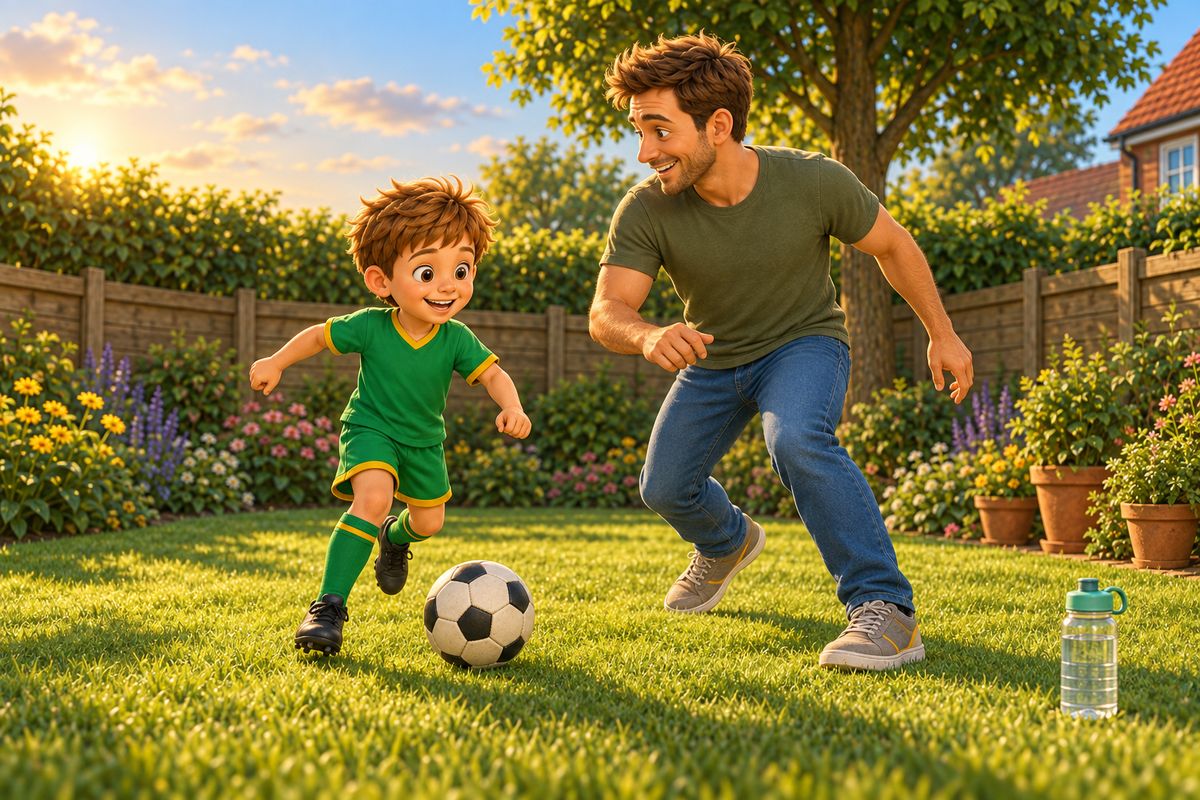 A dad and boy playing football in a sunny garden in warm early evening light, both in light clothing, a water bottle visible nearby on the grass.