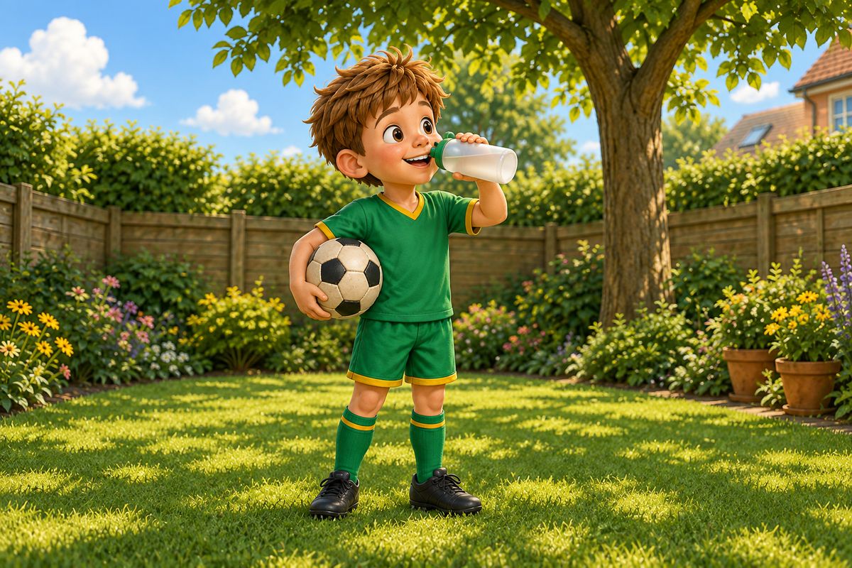 A boy drinking from a water bottle in dappled shade under a tree, a football tucked under one arm, during a pause in play.