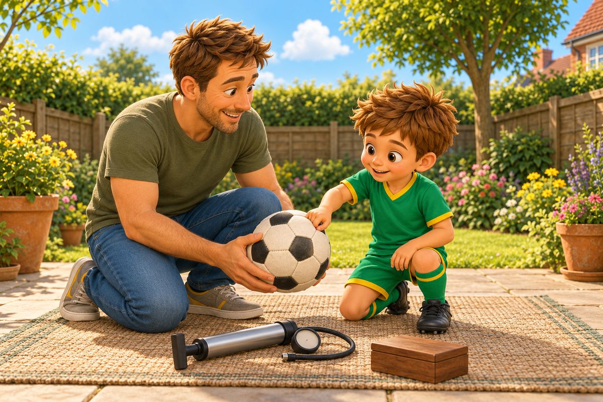 A dad holds a football steady on a patio rug while his boy presses a thumb into it to check how firm it is, with a hand pump and a small lidded box beside them.
