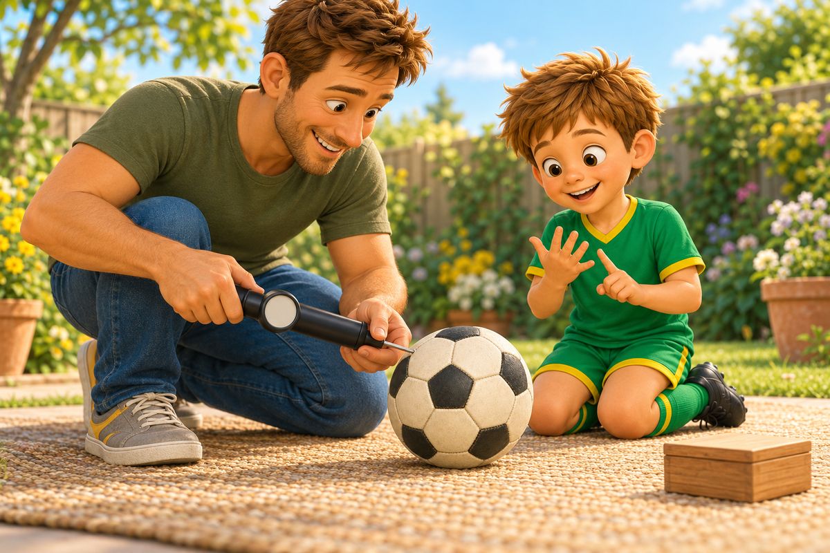A dad's steady hand pushes a pump needle straight into a football's valve while his boy sits back with his hands in his lap, counting on his fingers.