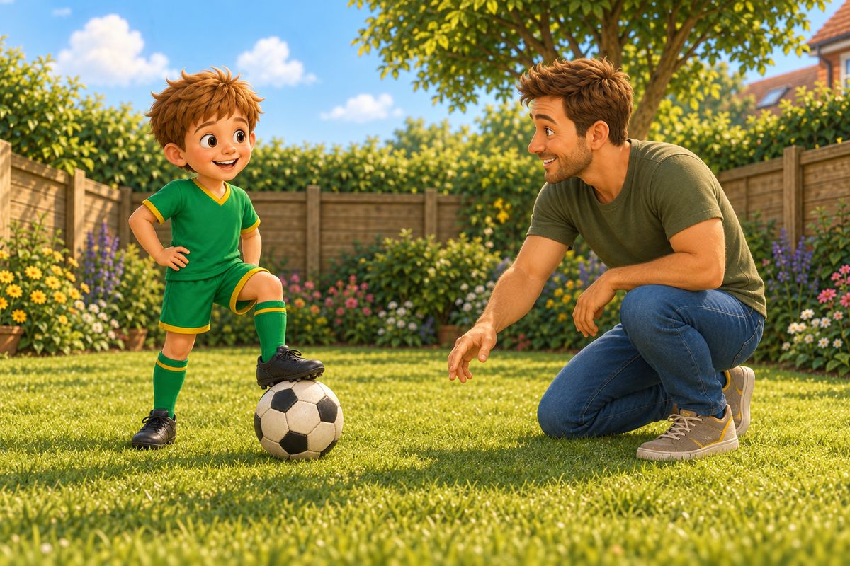 A dad gently rolling a football toward a boy who is stopping it with his foot, no cones or drill equipment in sight.