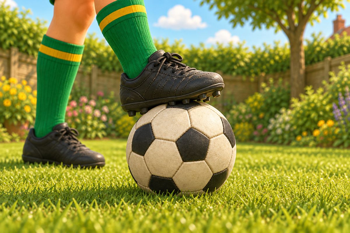 A close-up of a boy's foot stopping a football dead on grass.