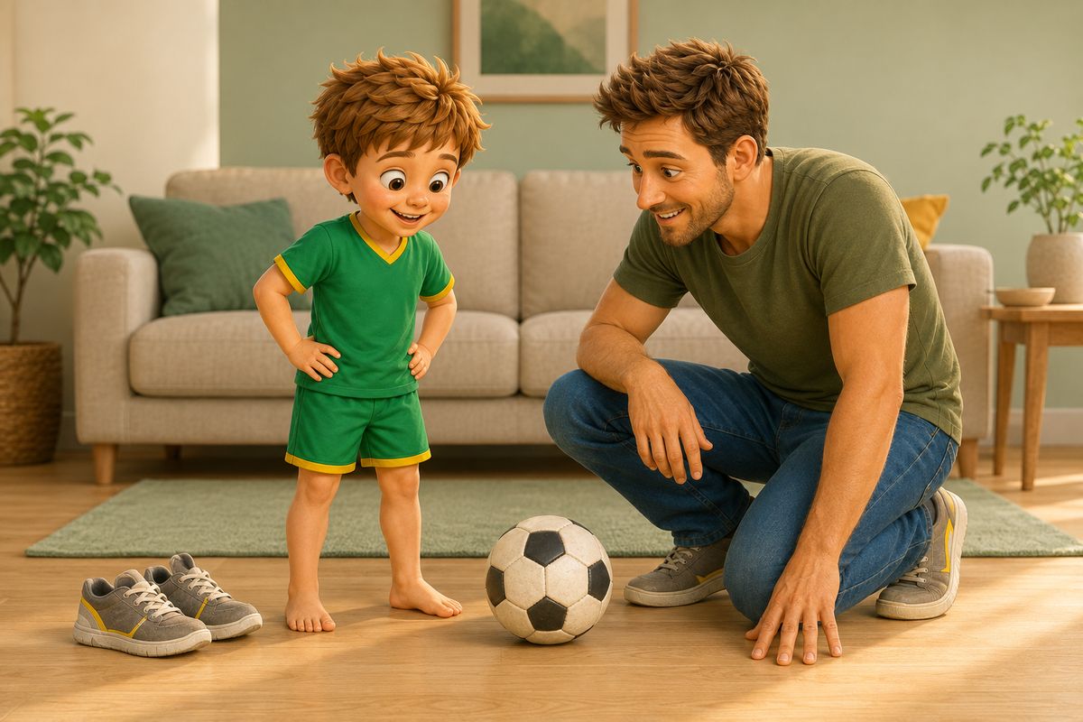 A dad and a boy in a tidy UK living room with a pale wooden laminate floor, the boy standing in bare feet beside a soft football with his trainers set neatly to one side, the dad crouched down beside him at his level before they start