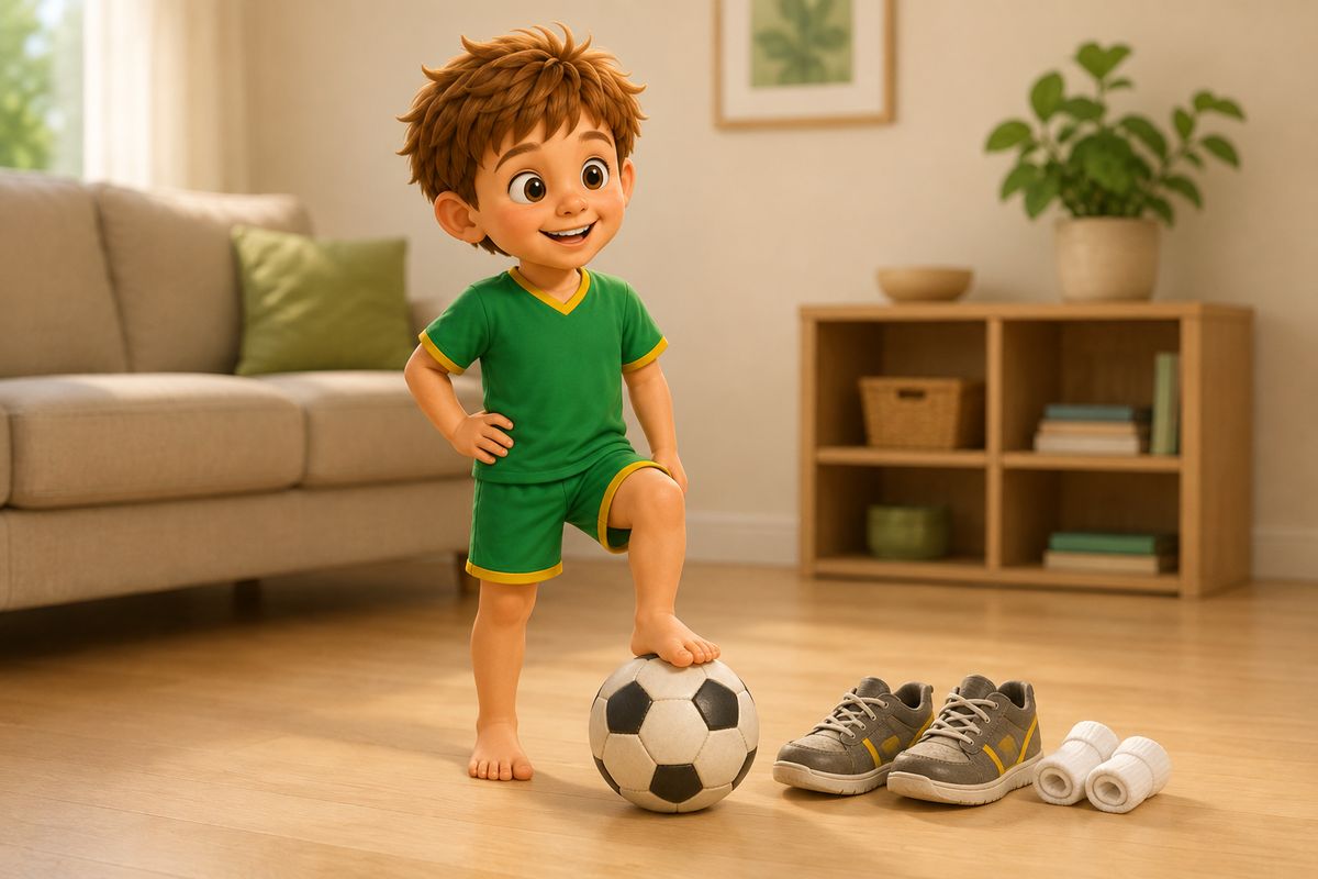A boy in bare feet standing balanced on a pale laminate living room floor with a soft football under one foot, a pair of small trainers and a pair of rolled socks lying on the floor beside him