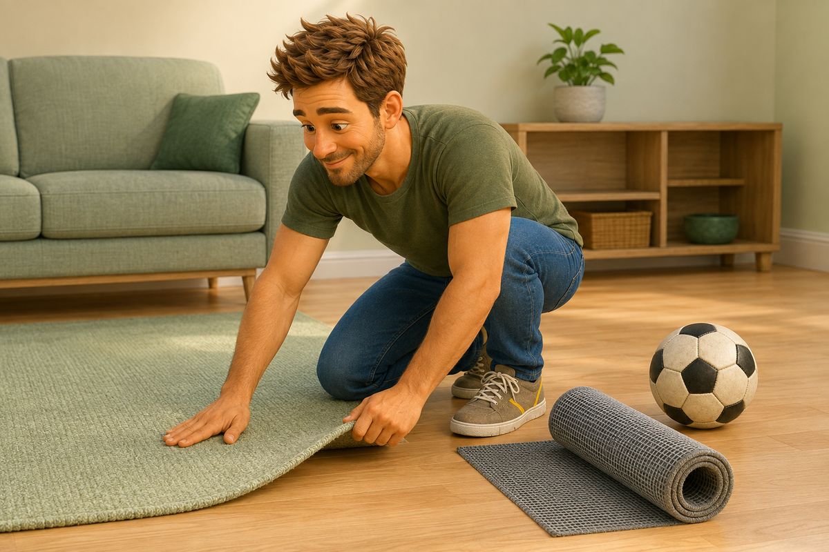 A dad kneeling on a hard living room floor pressing the lifted corner of a rug flat with one hand, a rolled piece of grey anti-slip rug underlay lying ready beside him and a soft football waiting nearby