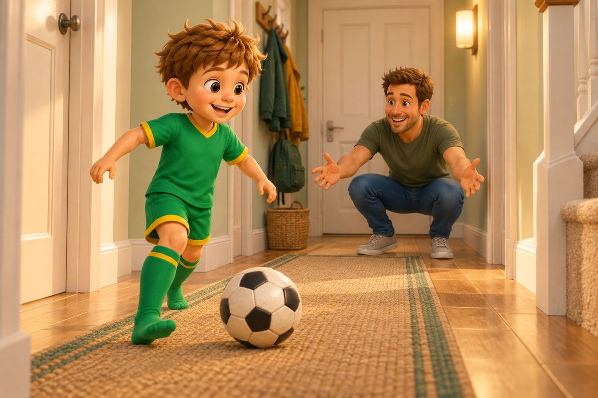 A boy dribbling a soft ball down a hallway while a dad crouches at the far end as a gentle target.
