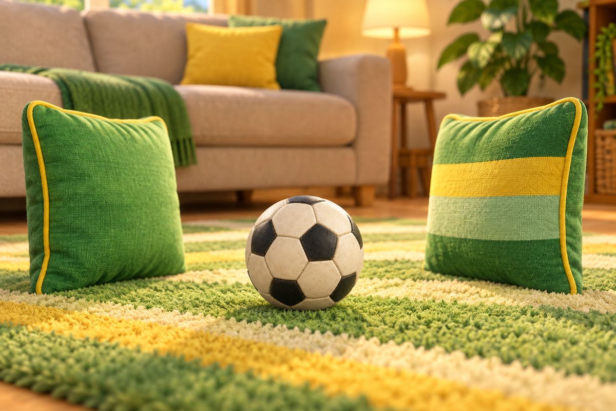 A soft football resting beside two sofa cushions arranged as a goal on a living room floor.