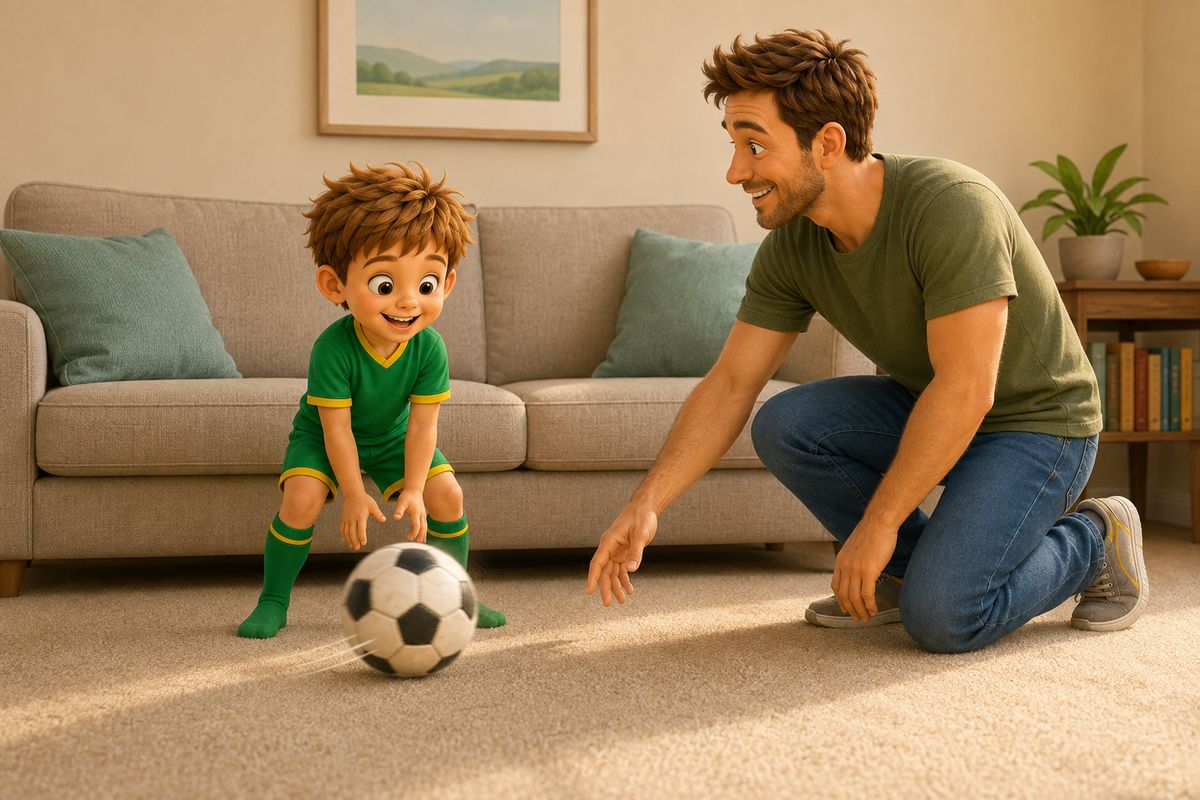 A boy standing in front of a sofa in a UK living room with his feet apart and both hands low, stopping a soft football that has just been rolled along the carpet towards him, while a dad kneels a few steps away with his throwing hand still low