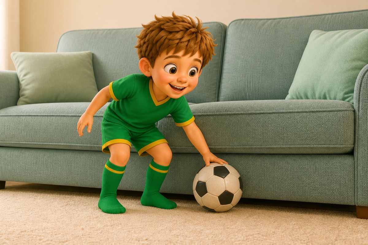 A soft football resting still against the base of a sofa in a carpeted living room after getting past a boy, with the boy already turning and bending down to pick it up from where he stands