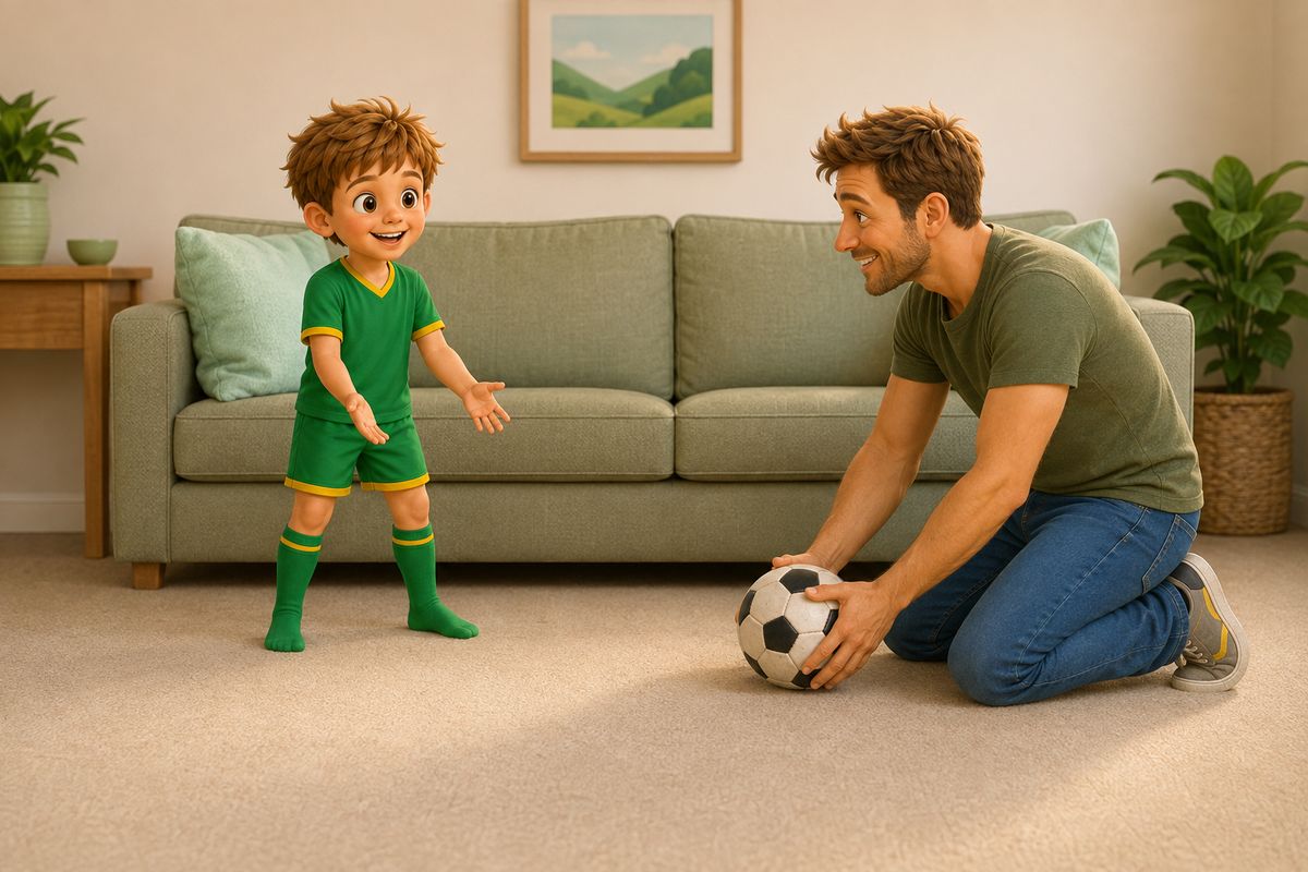 A dad kneeling low on a living room carpet holding a soft football in both hands at floor level, ready to roll it, with a boy waiting a few short steps away in front of a sofa with a cushion pushed against each end