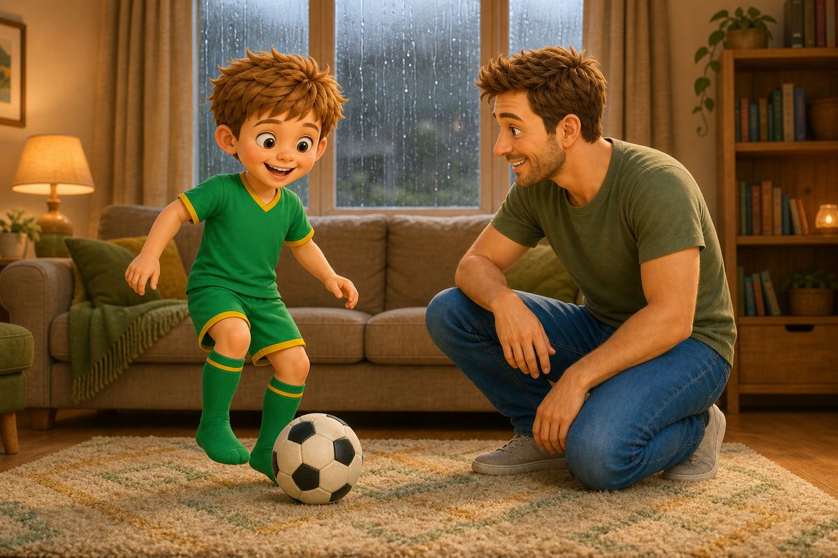A dad and boy playing gently with a soft ball in a warm UK living room, rain visible on the window behind them, framing indoor football as a genuine choice, not a last resort