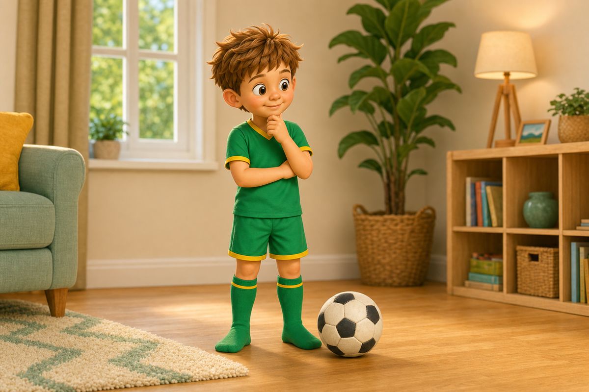 A boy standing in a living room glancing between a soft ball on the floor and the room around him, as if deciding what to play, illustrating the choice between different indoor football questions