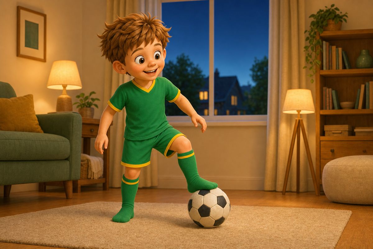 A boy playing with a soft ball in a living room at dusk with the lamps on and a dark window behind him, showing an evening that has nothing to do with rain