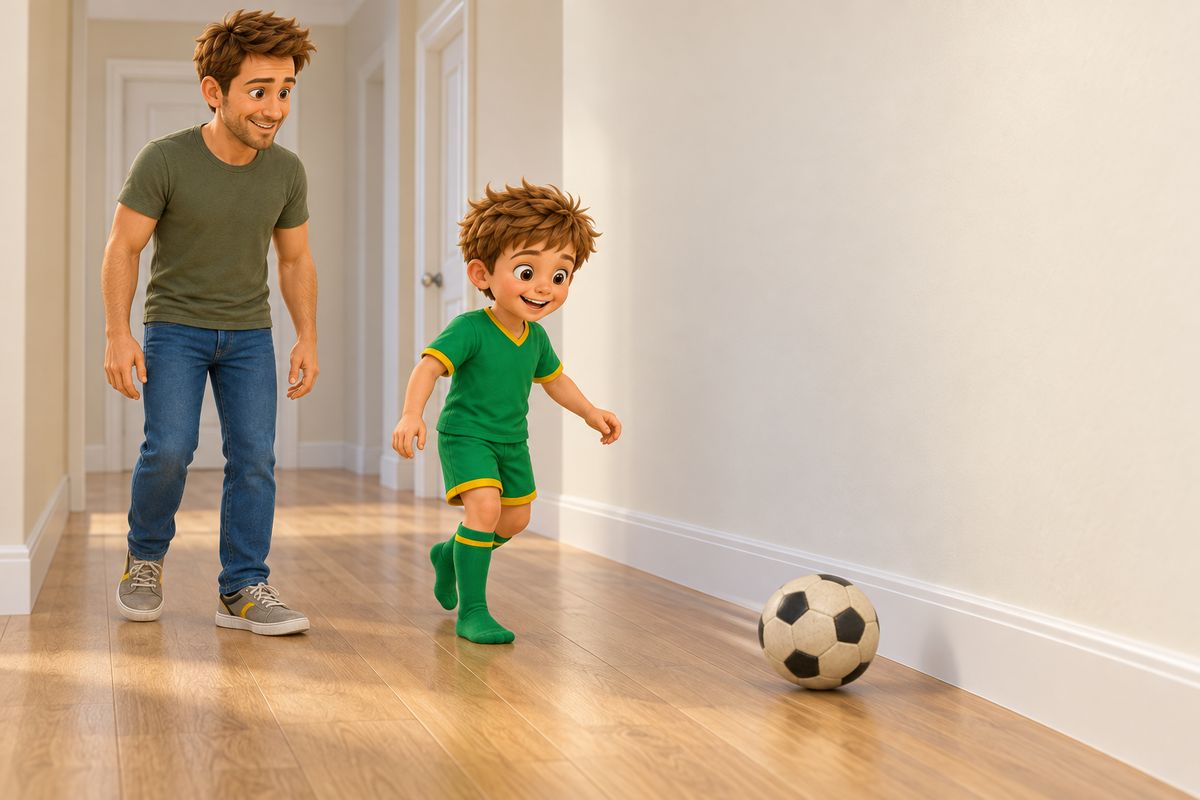 A soft football rolling back along a hallway floor from a plain painted wall towards a boy in socks who is stepping in to meet it, with a dad standing alongside him a step behind, both only a few paces from the wall