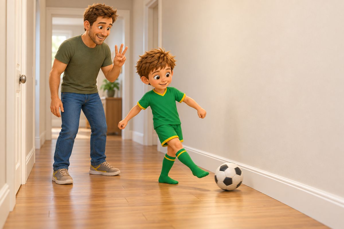 A boy in socks passing a soft football along a hallway floor towards a plain wall with the inside of his foot from only three or four steps away, a dad standing beside him counting on his fingers