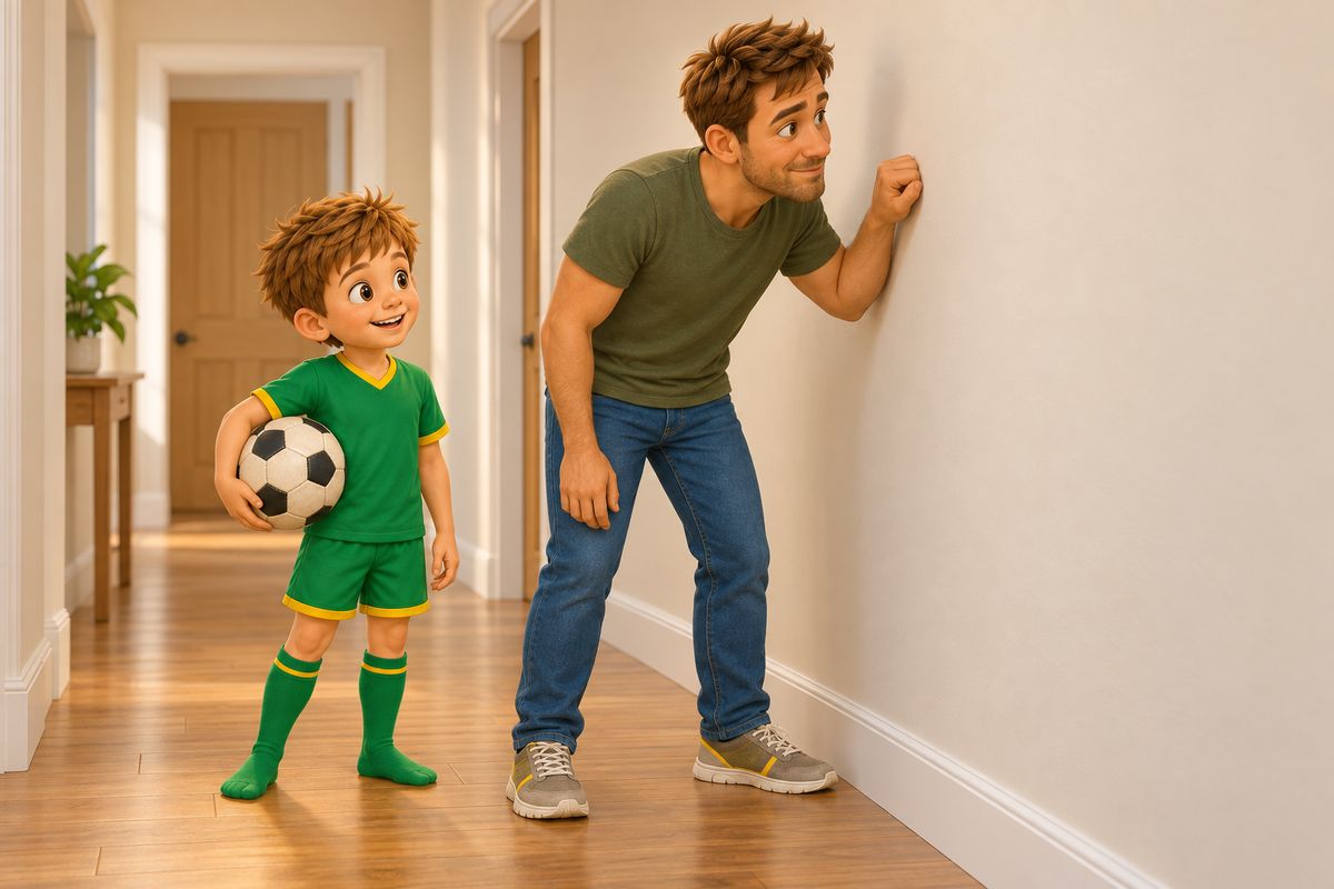 A dad knocking on a plain painted hallway wall with his knuckles to check whether it sounds solid or hollow, while a boy in socks stands next to him holding a soft football under one arm and watching