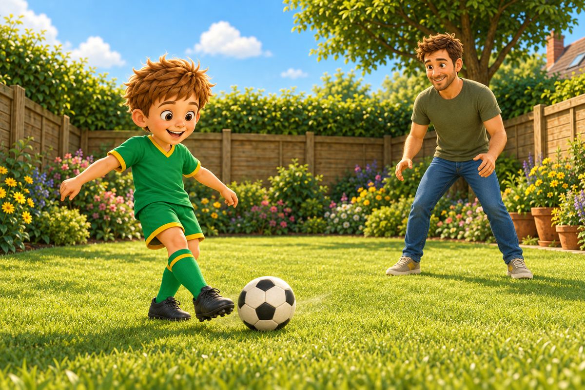A boy side-foot passes the ball along the lawn to his dad.