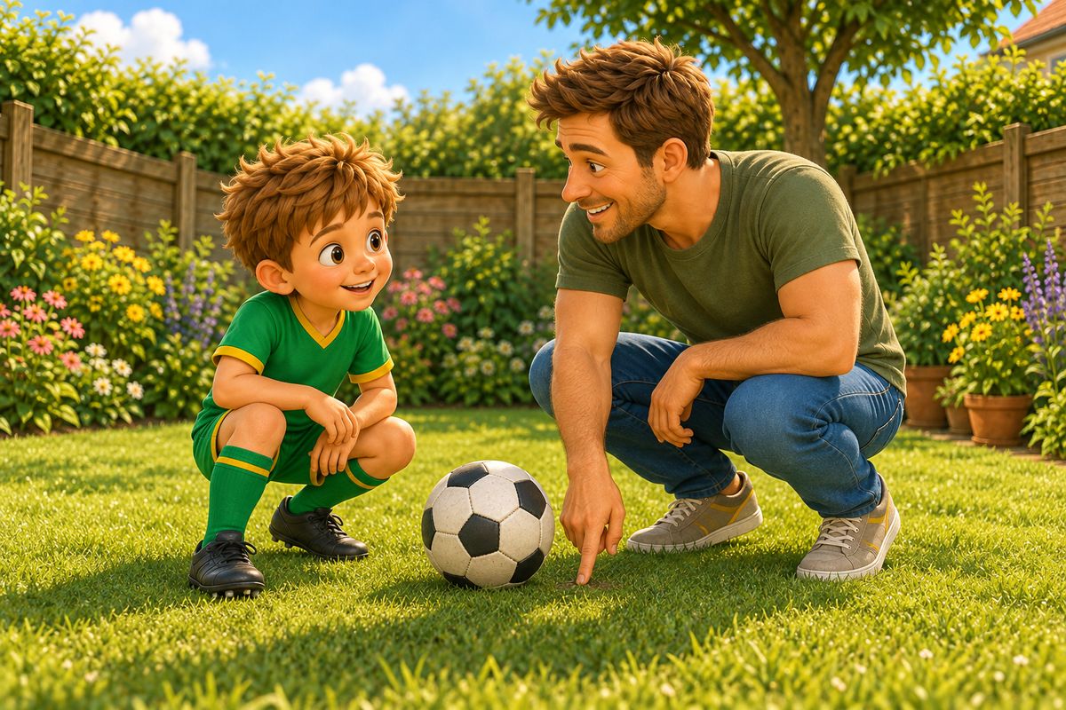 A dad and his boy crouch over the ball showing where the standing foot goes, beside the ball.