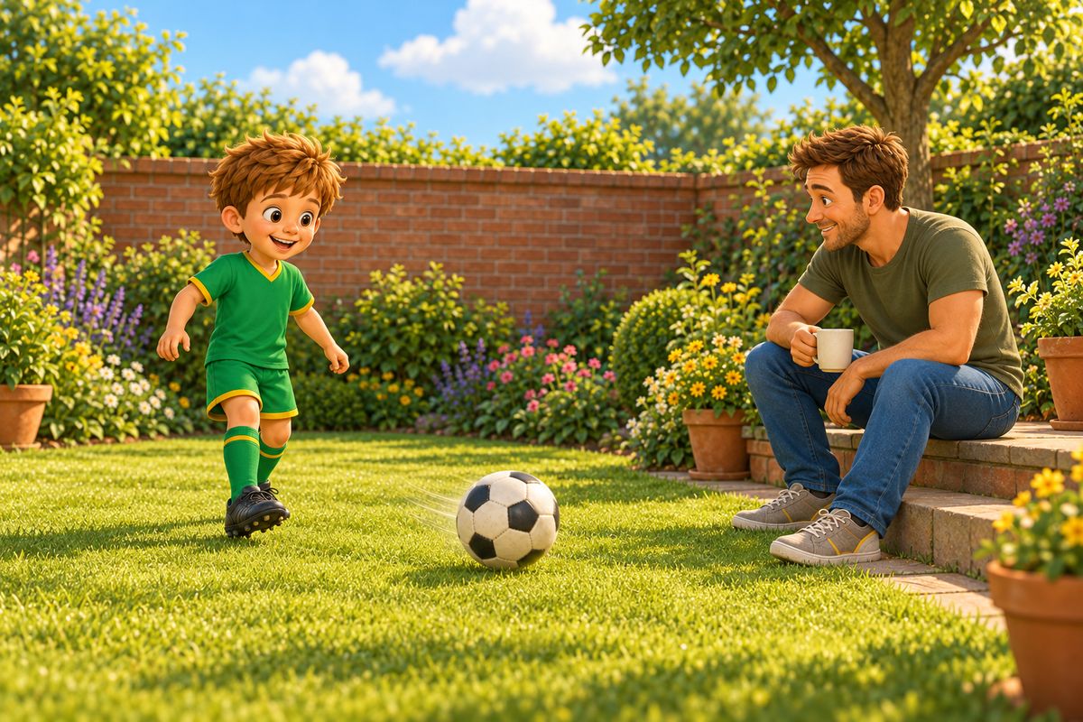 A boy passes the ball against a garden wall from three steps away, the ball rebounding to his feet.