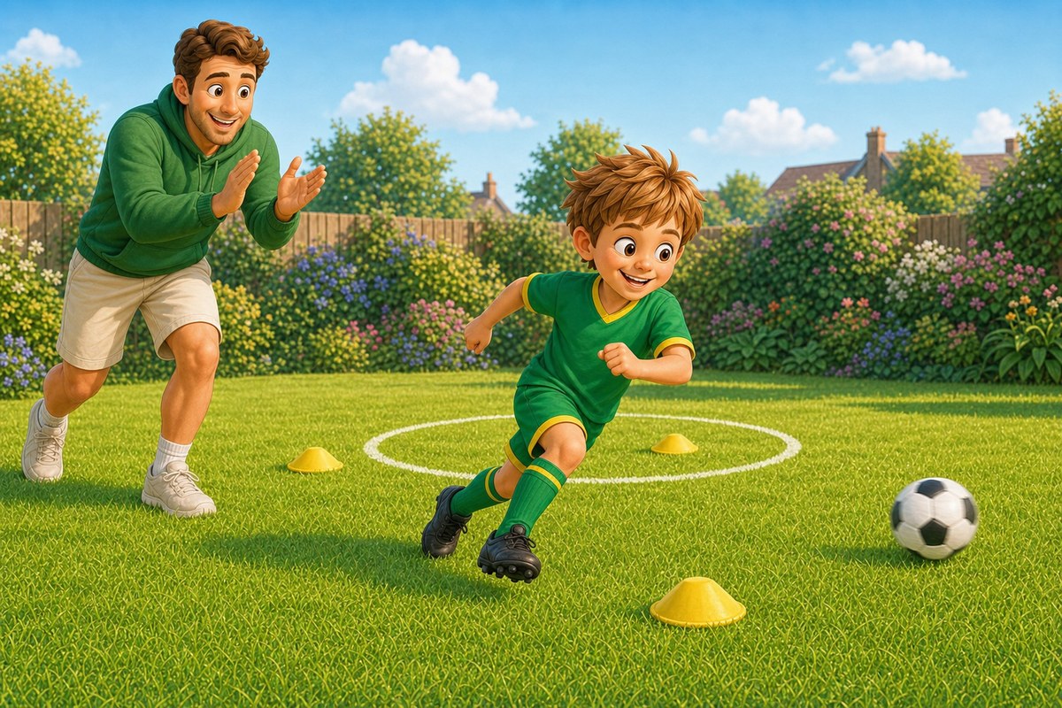 Cartoon boy has miskicked a football wide but is already turning towards the next yellow cone, Dad clapping from the side
