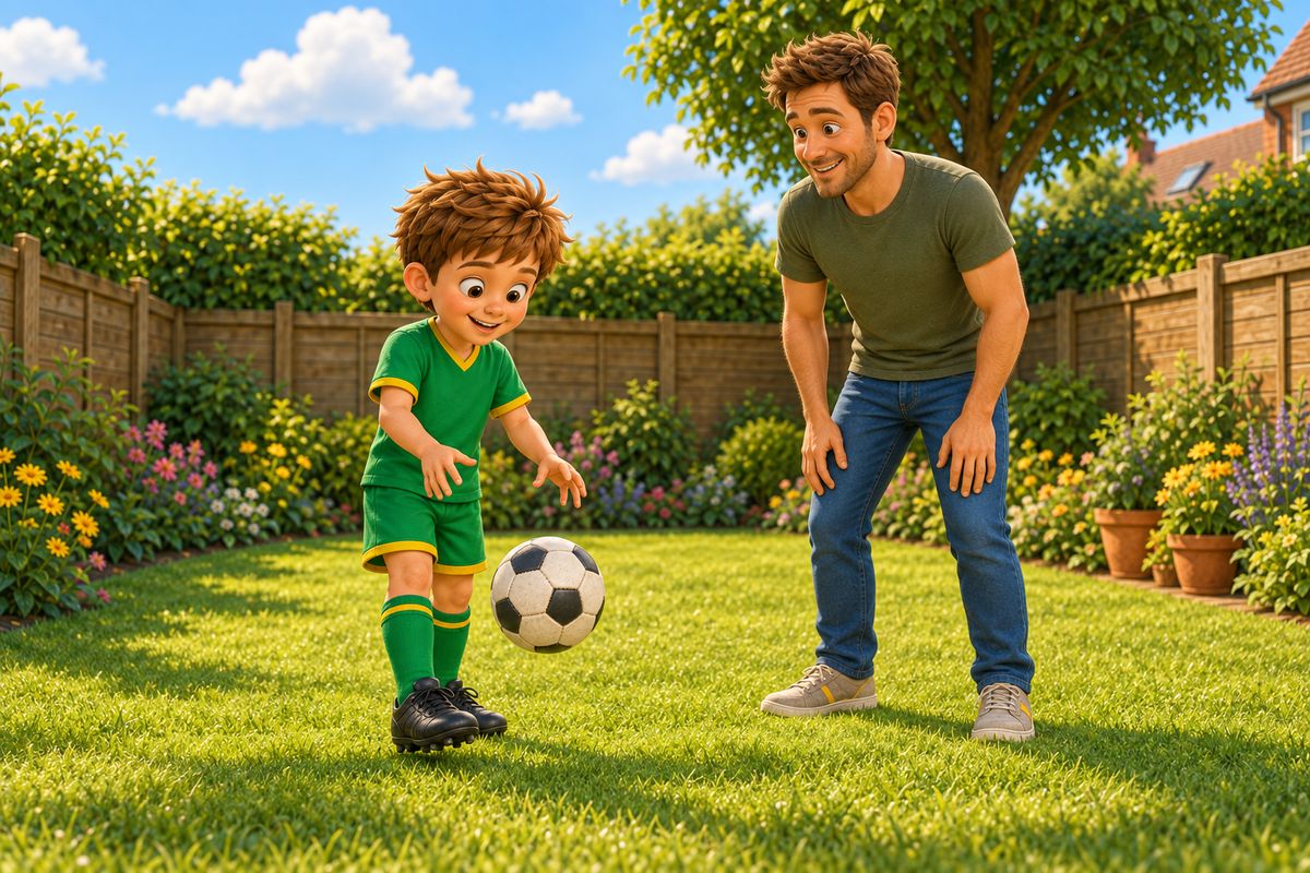 A boy dropping a football from waist height toward his foot, mid-motion just before the bounce, dad watching nearby in the garden.