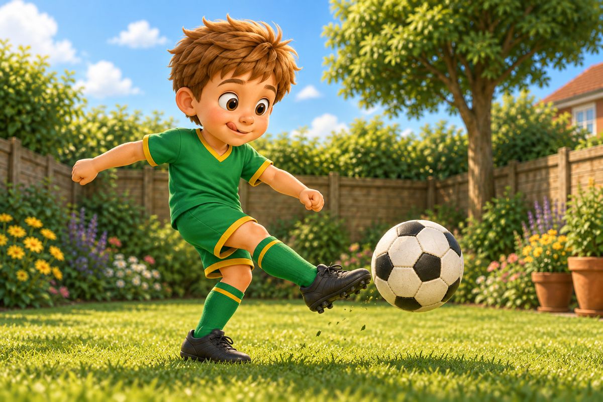 A close side-on view of the boy's foot making contact with the ball just above ground level, ball slightly airborne after the touch.