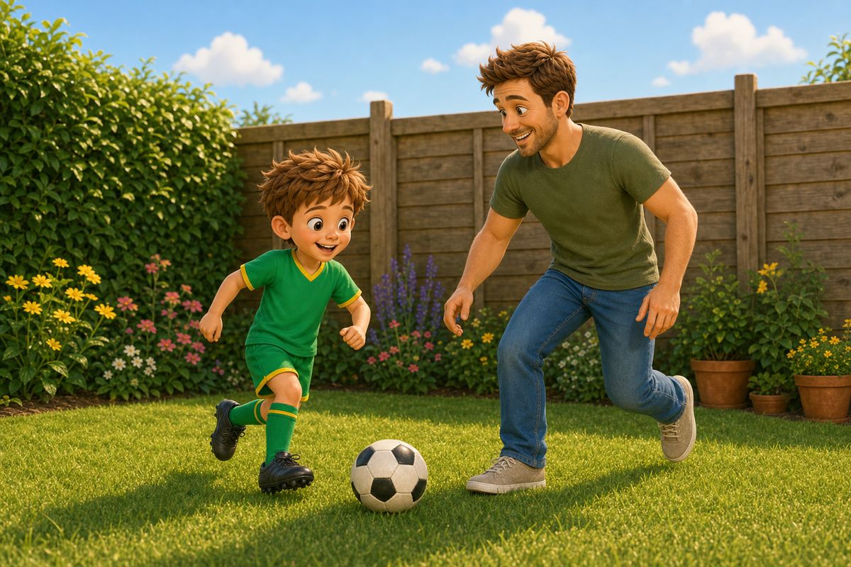 A dad and young boy playing football together near the fence line of a small back garden, keeping the ball inside the boundary