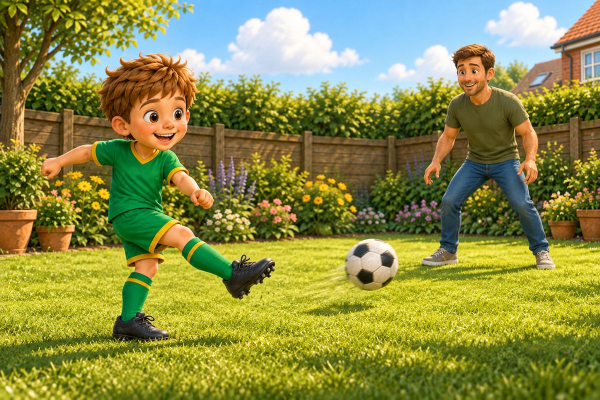 A boy in a UK garden mid-follow-through after striking a football with his laces, non-kicking foot planted beside the ball, while a dad stands further back down the garden ready to receive the pass.
