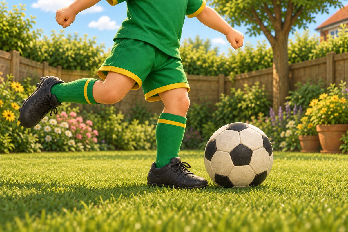 A close side-on view of a boy's standing foot planted level with a stationary football, about to strike it with his laces rather than his toe.