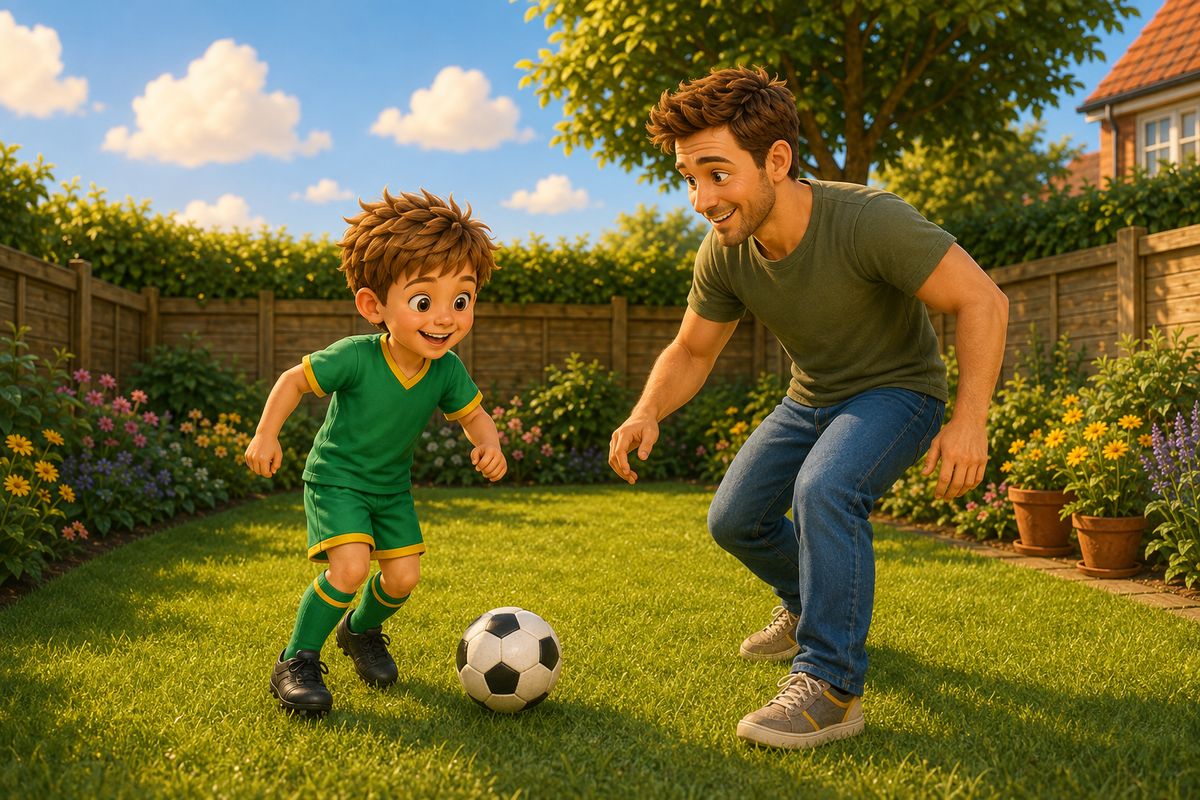 A dad and boy having a short, ordinary kickabout on a small UK back lawn, with no cones, no goal frame and no coaching equipment anywhere in the garden