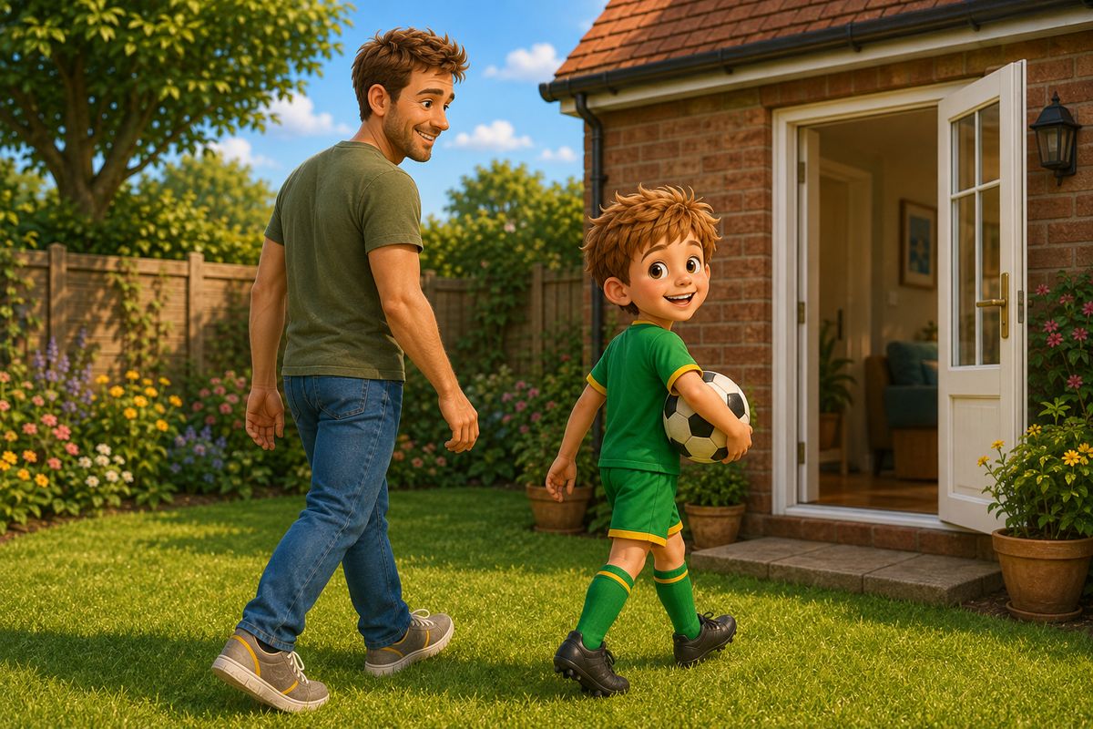 A boy carrying a football back towards an open back door at the end of a short garden kickabout, with a grown-up following, both looking relaxed and unhurried