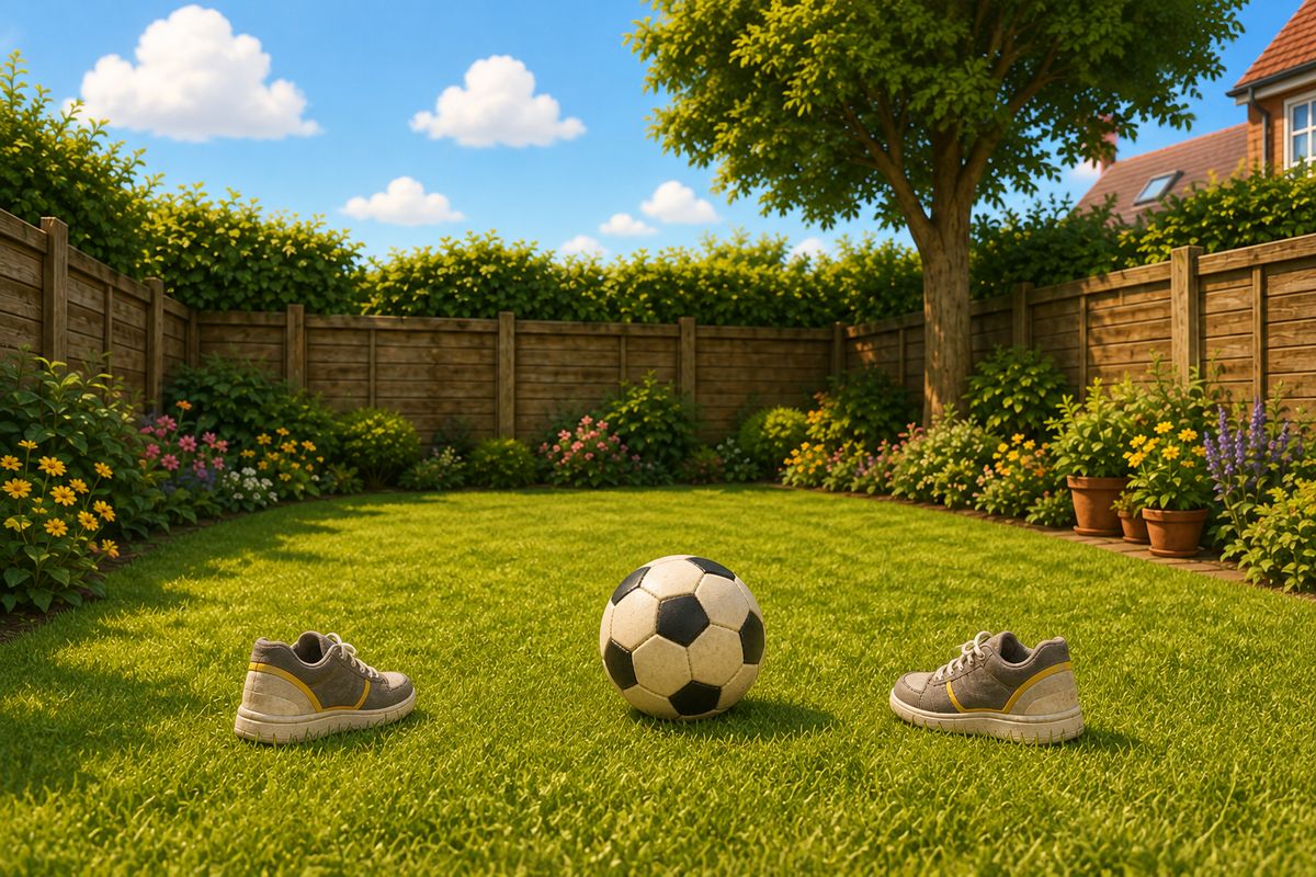 An empty small UK back garden with a football resting on the lawn beside a pair of trainers, and no other equipment anywhere